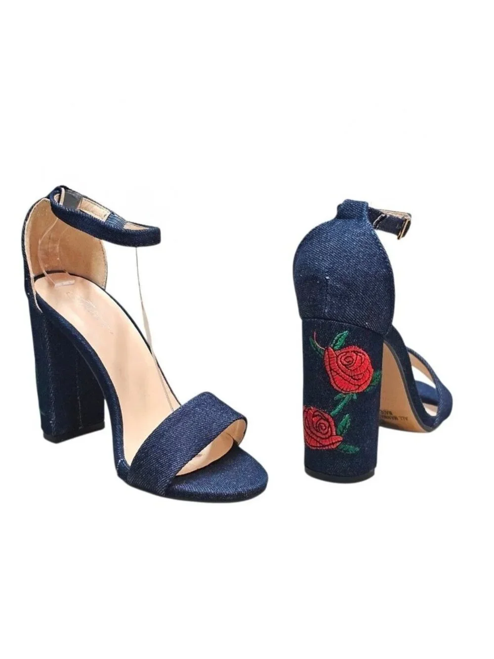 Denim Block Heels With Embroidered Red Rose Design & Adjustable Ankle Strap - Wo